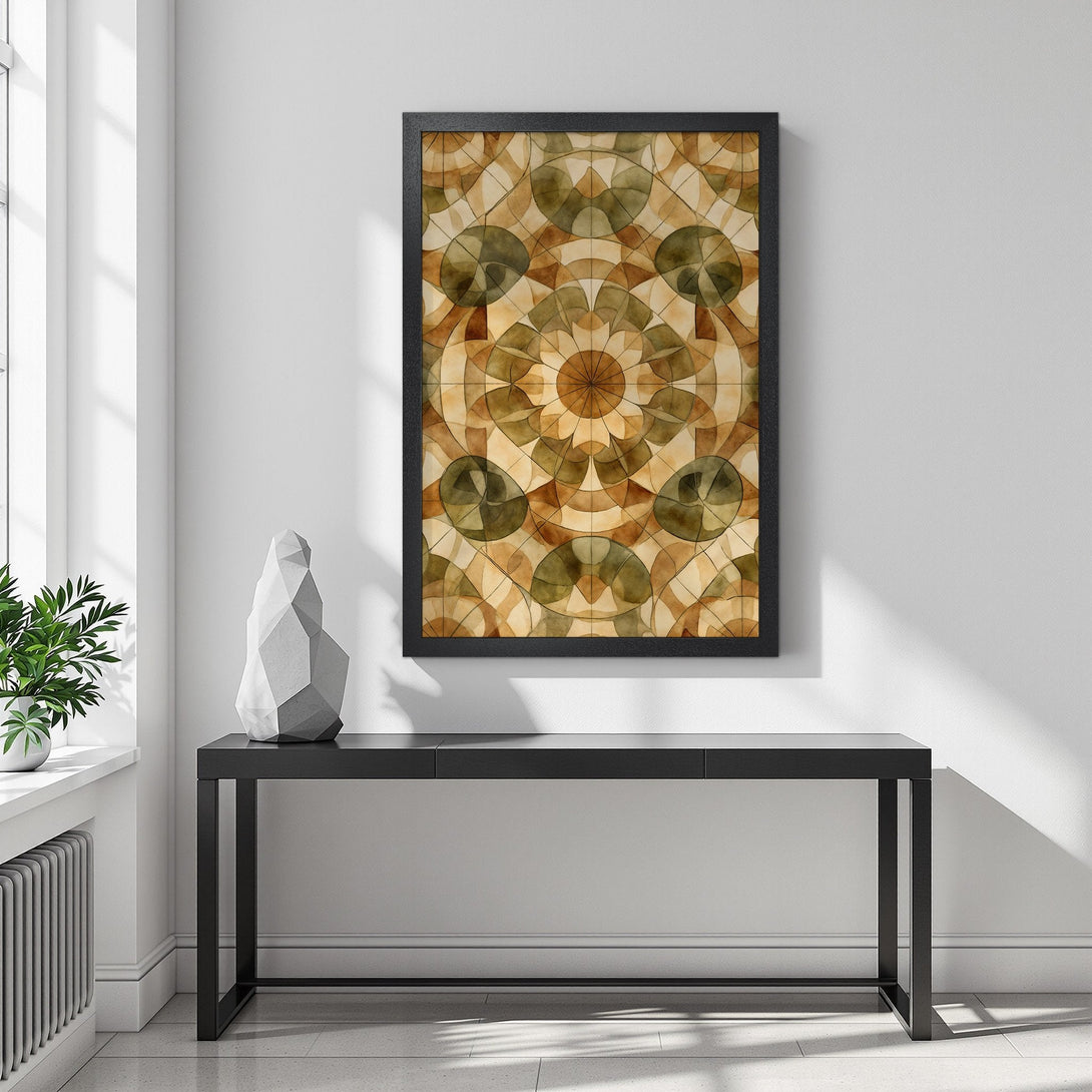Framed Poster with abstract geometric art in warm earth tones. Perfect wall decor for modern homes. Shop now!