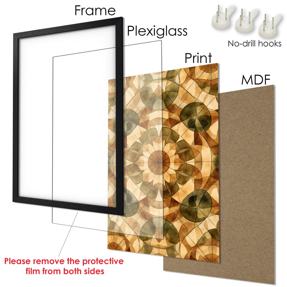 Framed Poster with abstract geometric design in warm earth tones. Ready to hang art for your home.
