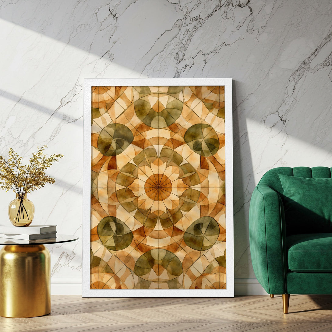 Framed Poster featuring an abstract geometric design in warm earth tones. Perfect wall art for a modern home.
