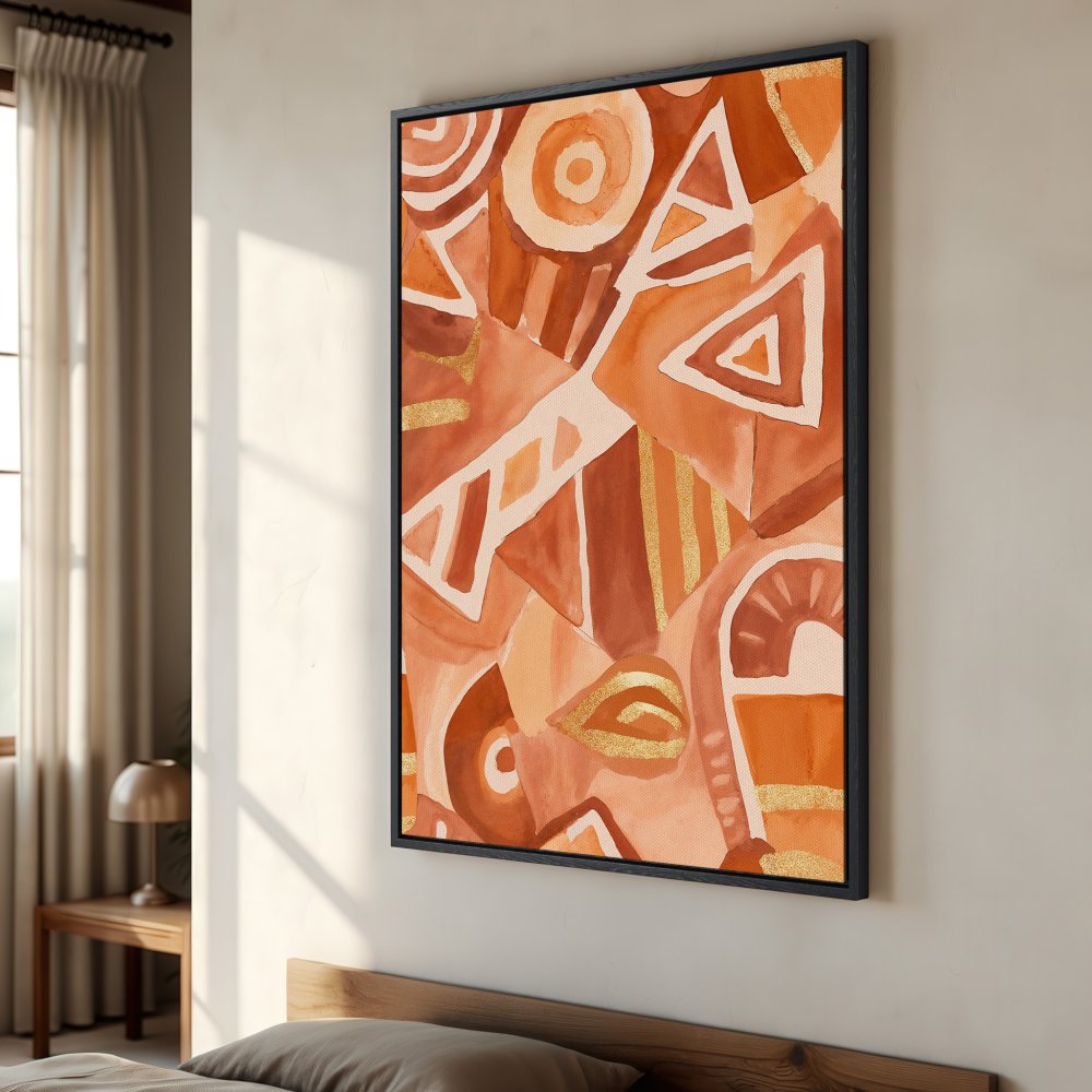 Framed Wall Art: Abstract geometric Canvas Print in warm terracotta and gold tones. Modern art for a stylish home.