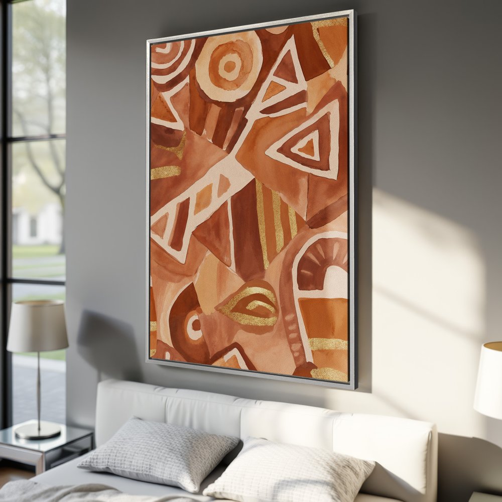 Framed Wall Art: Abstract geometric design in warm earth tones. Modern Canvas Print perfect for living rooms & bedrooms.