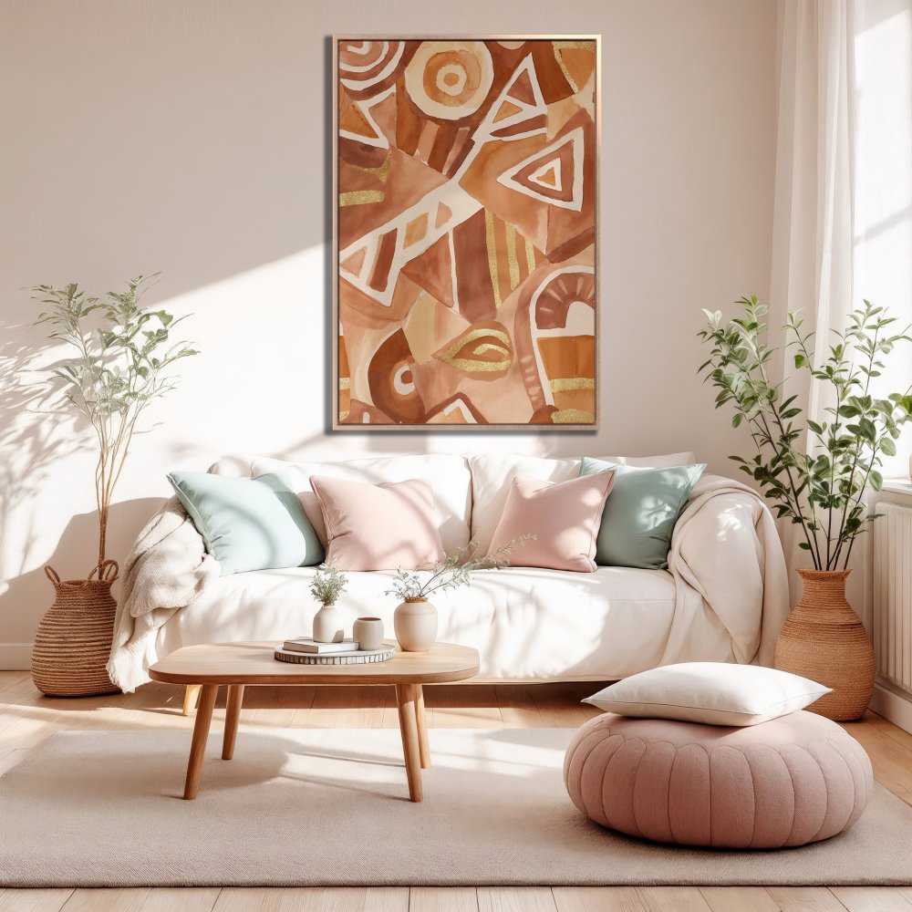 Framed Wall Art: Abstract geometric Canvas Print in warm earth tones, perfect for adding a touch of modern style to your living room decor.