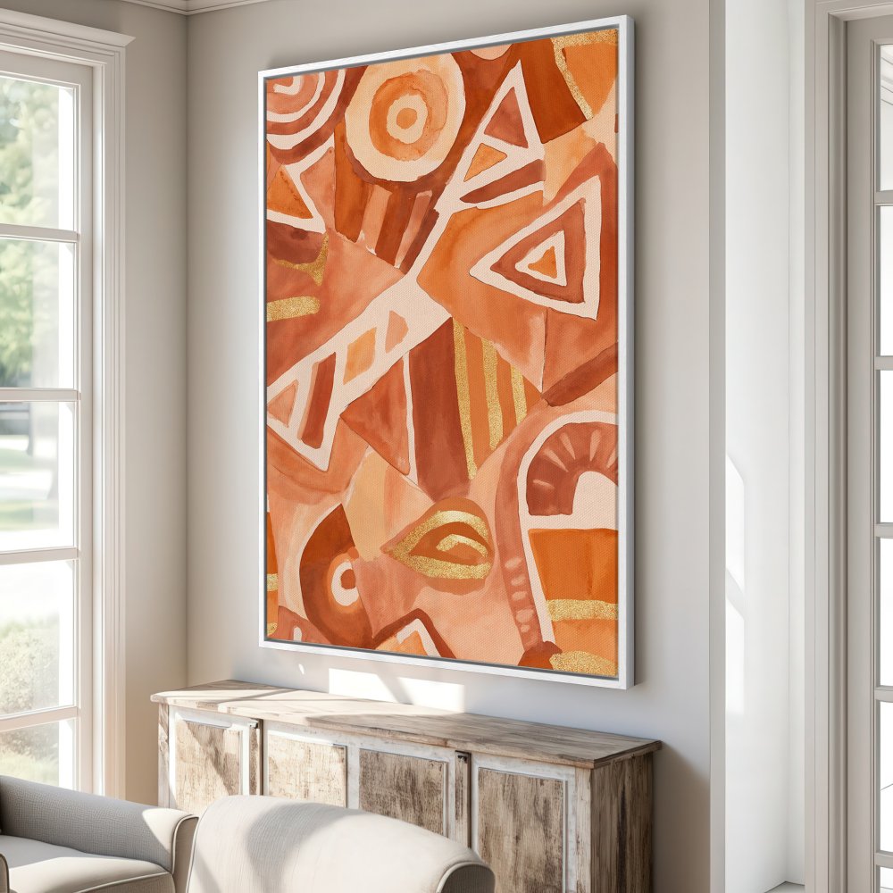 Framed Wall Art: Abstract geometric art in warm orange, terracotta, and gold tones. Perfect for adding a pop of color to your home decor!