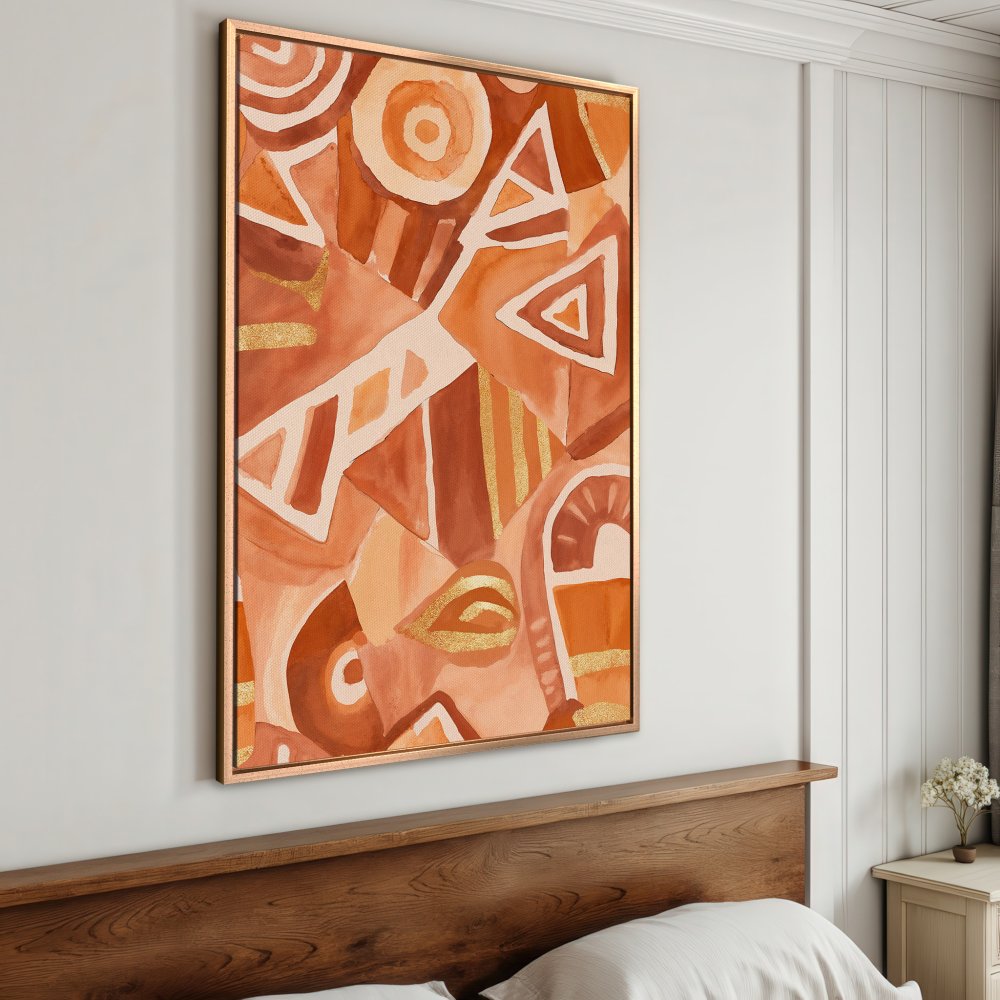 Framed Wall Art: Abstract geometric Canvas Print in warm terracotta & gold tones. Modern art for bedroom decor.