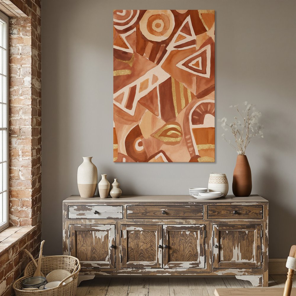 Framed Wall Art: Abstract geometric art in warm terracotta and gold tones. Perfect for adding a pop of color to your dining room.