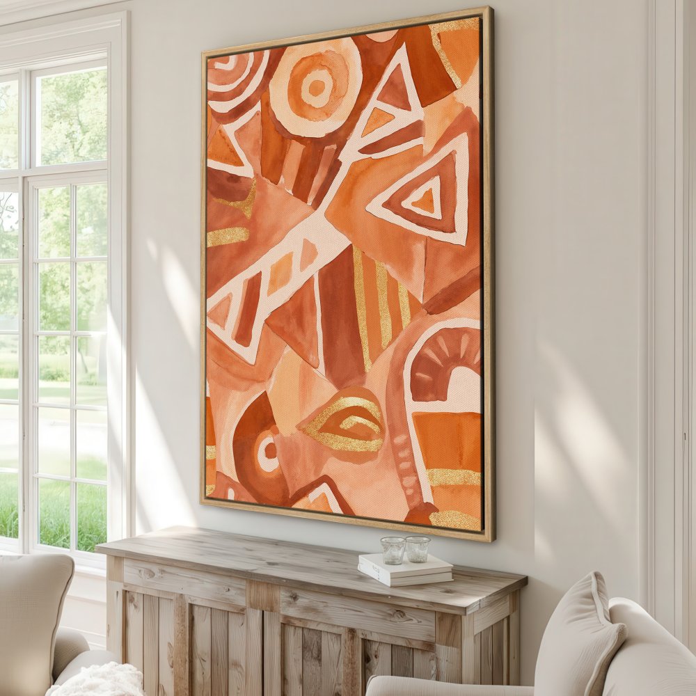 Abstract Canvas Print in warm terracotta tones. Geometric art with gold accents, perfect for adding a touch of modern style to your home.