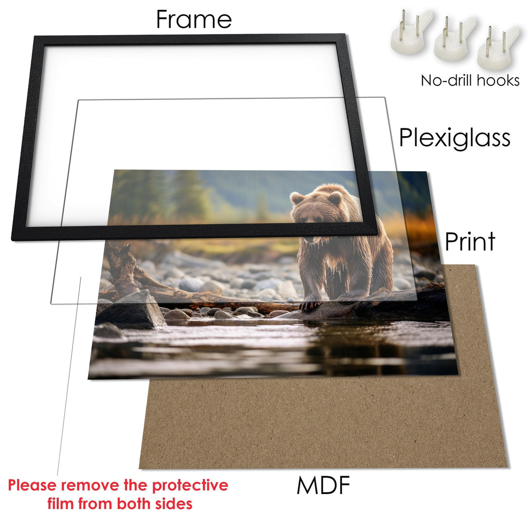 Framed Poster featuring a majestic bear in a natural setting. Earthy tones and a realistic style. Perfect for nature lovers!