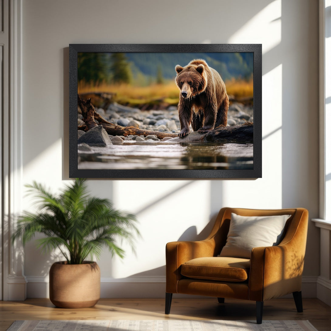 Framed Poster of a majestic bear in nature, warm tones. Perfect wildlife art for your home.