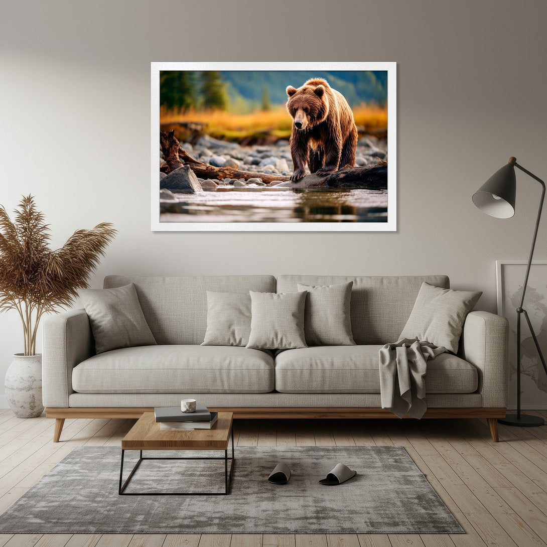 Framed Poster of a majestic bear in a natural setting. Earthy tones and a warm color palette for a cozy, nature-inspired decor.