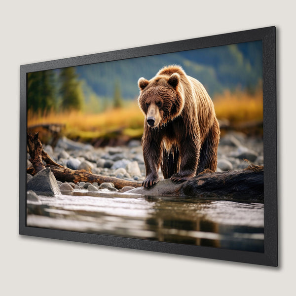 Framed Poster of a majestic brown bear by a river. Nature-inspired art with warm, earthy tones. Perfect for home decor.