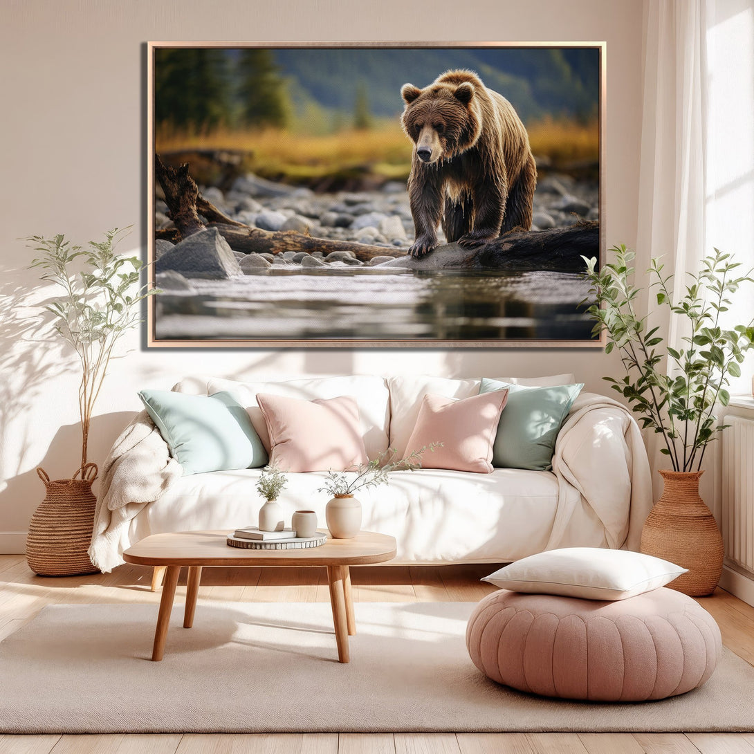 Framed Wall Art featuring a majestic grizzly bear in a natural setting. Earthy tones and warm hues create a cozy, inviting living room aesthetic.