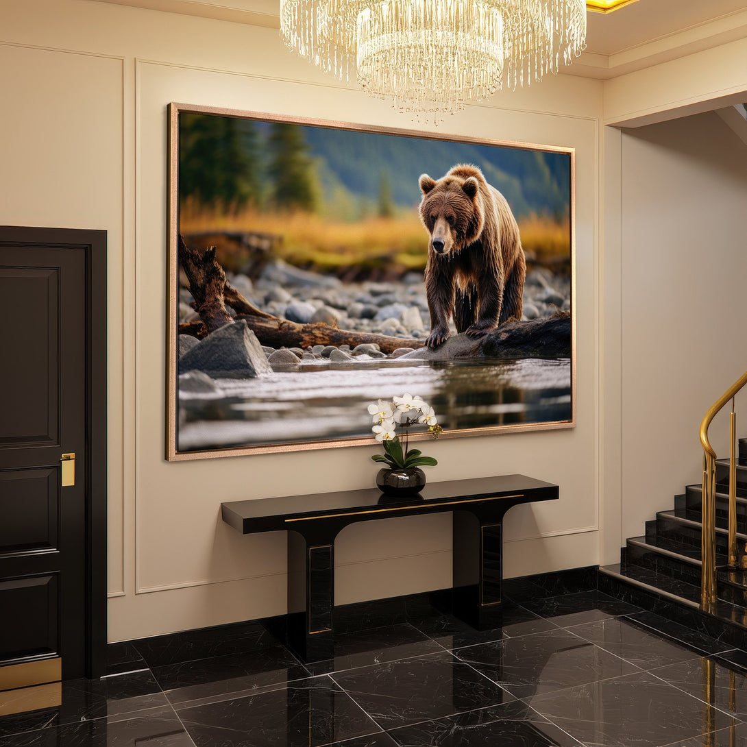 Framed Wall Art: Majestic bear canvas print in a luxury interior. Earthy tones and wildlife art for a stunning home decor statement.
