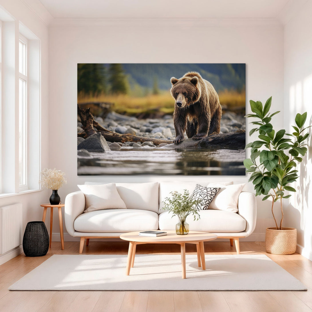 Framed Wall Art: Majestic grizzly bear canvas print in warm earth tones. Elevate your space with stunning wildlife art. Perfect for living rooms and bedrooms.