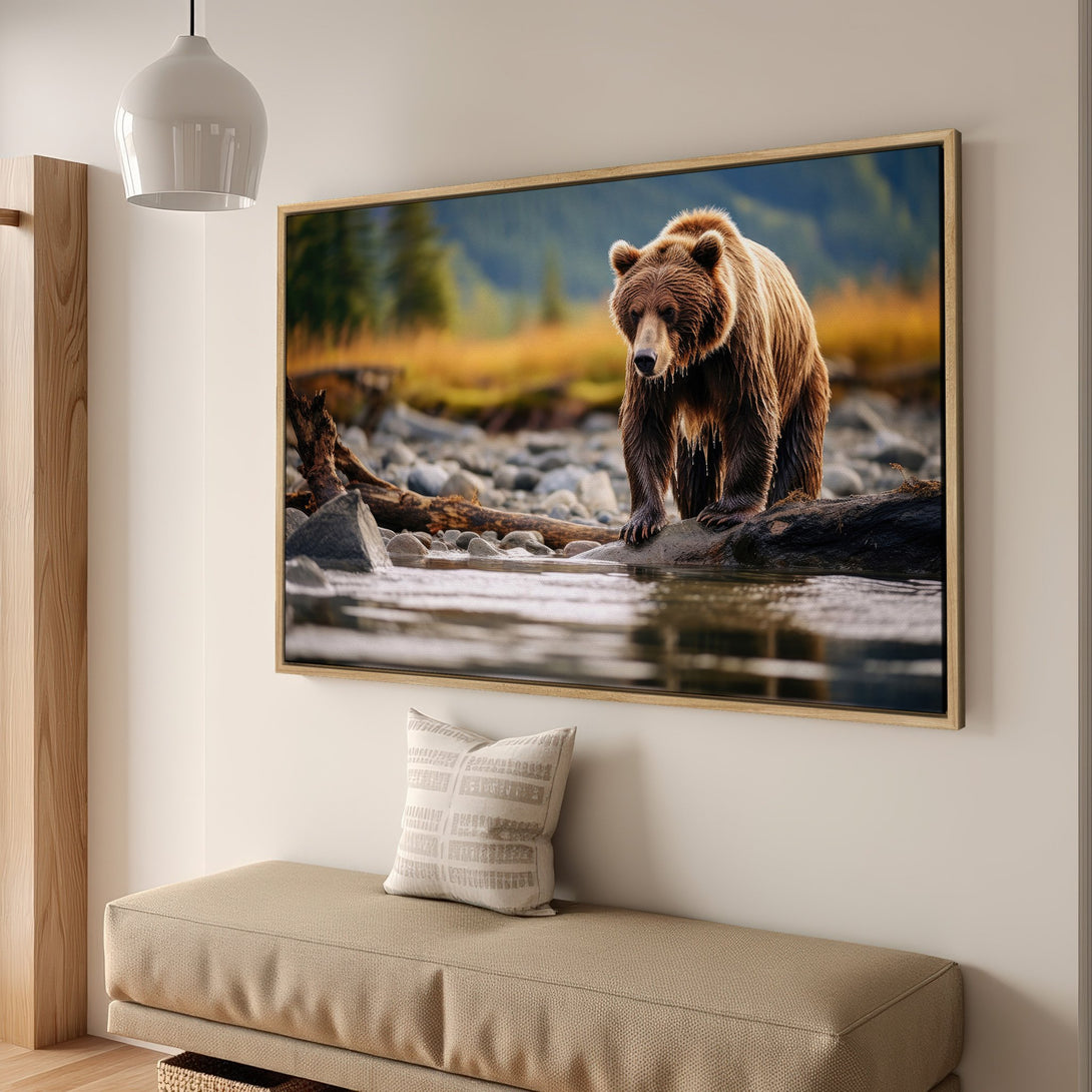 Framed Wall Art: Majestic bear in nature scene. Earthy tones of brown, green, and blue. Bring the wild indoors with this stunning canvas print.