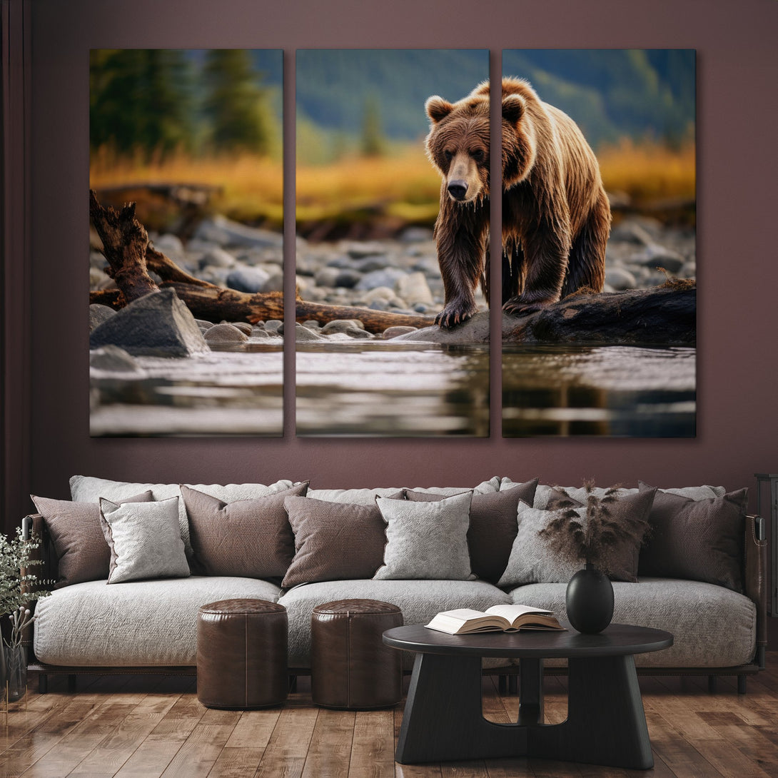 Canvas Print of a majestic brown bear in a natural setting. Warm, earthy tones create a serene, rustic aesthetic. Perfect wildlife art for any space.