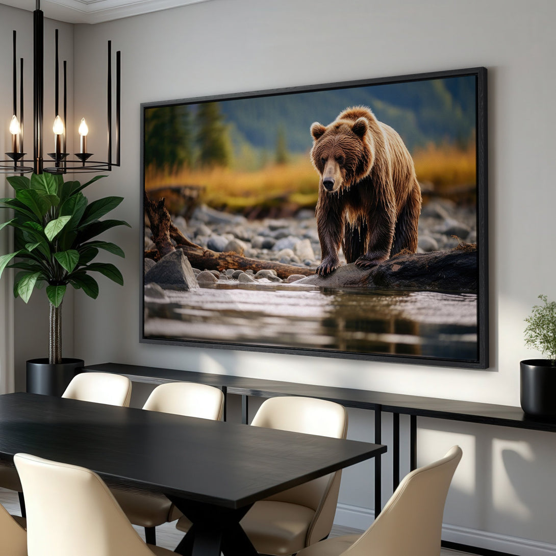 Framed Wall Art: Grizzly bear canvas print in a modern interior. Earthy tones of brown, green, and blue. Bring nature's beauty into your home!