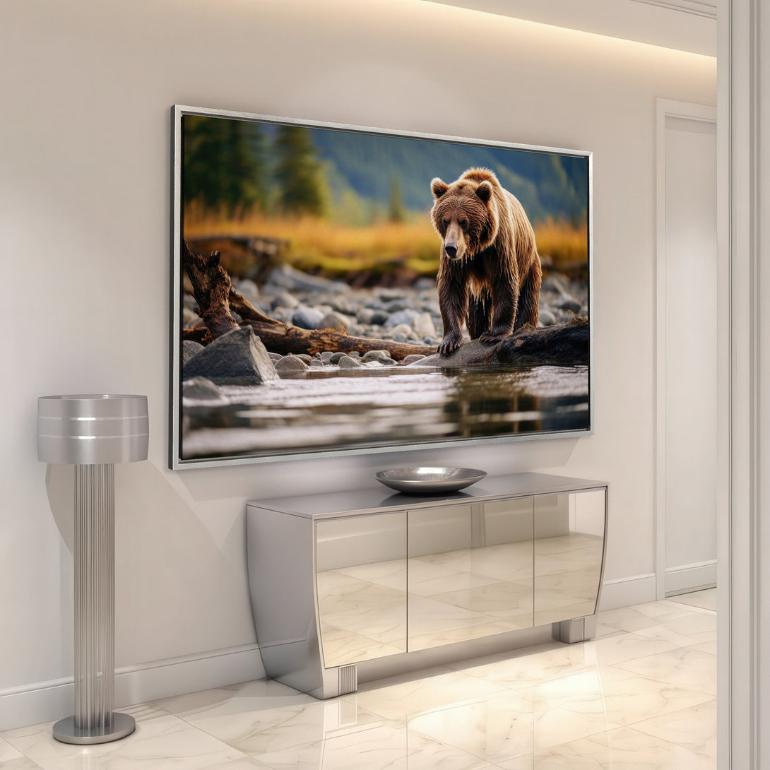 Framed Wall Art: Majestic bear canvas print in a modern interior. Earthy tones and natural scene create a calming, stylish ambiance. Enhance your space today!