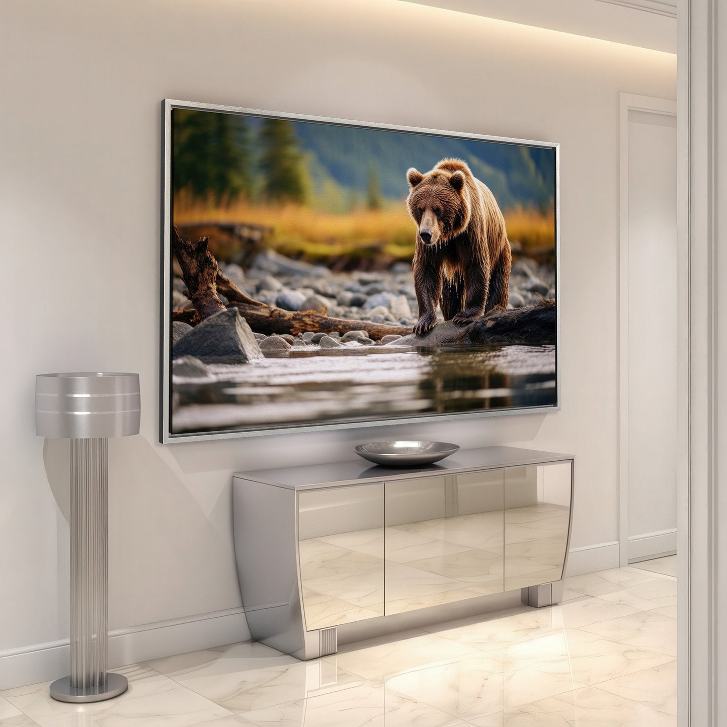 Brown Bear Hunting Fish Canvas Print Wall Art