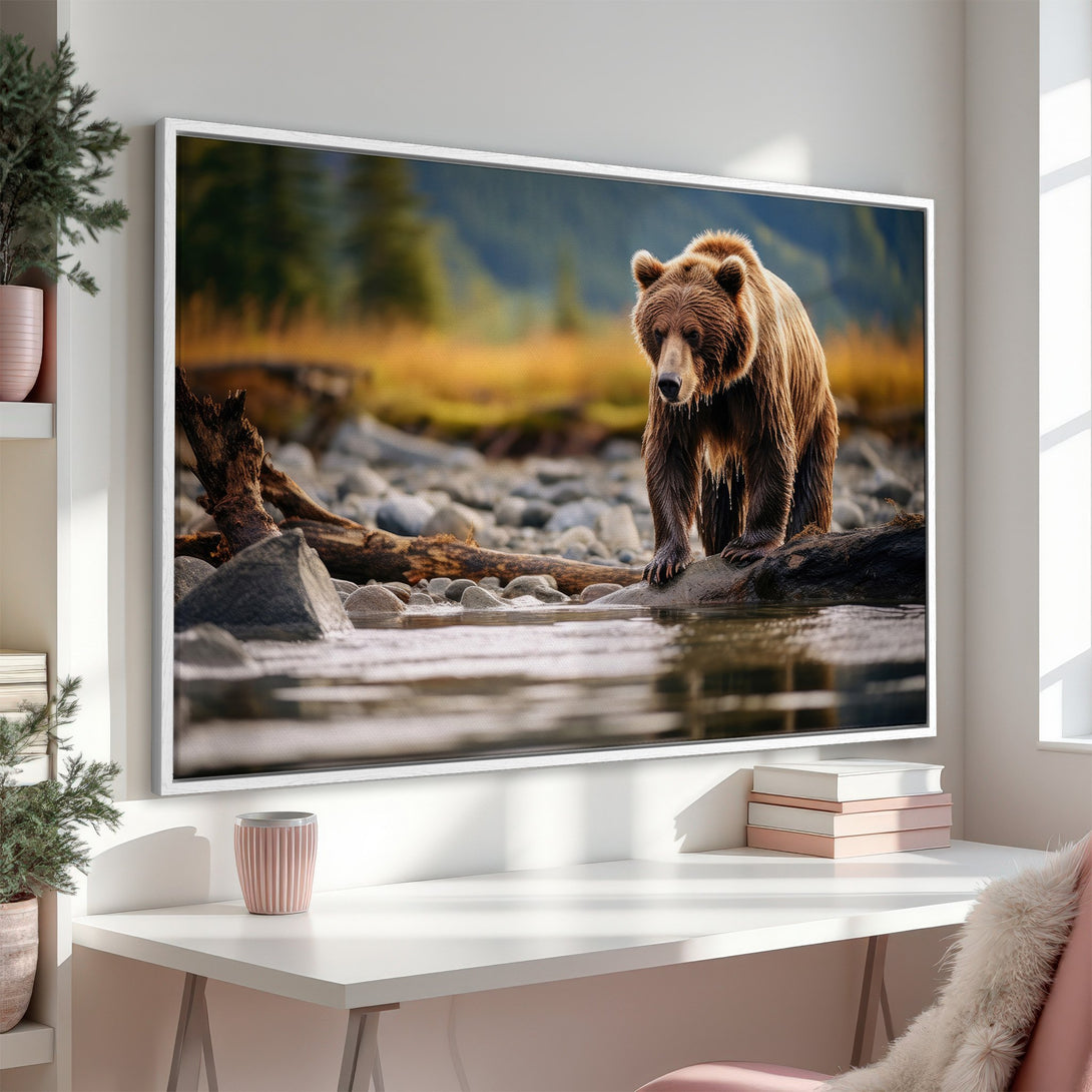 Framed Wall Art featuring a majestic grizzly bear in a natural setting. Earthy tones and a serene landscape create a captivating focal point.