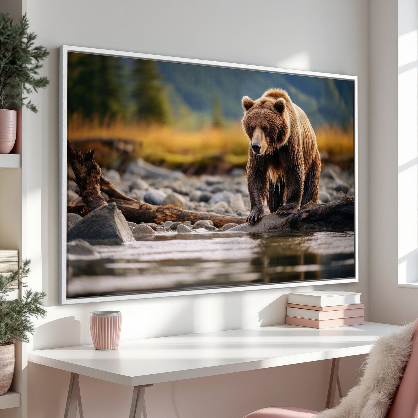 Brown Bear Hunting Fish Canvas Print Wall Art