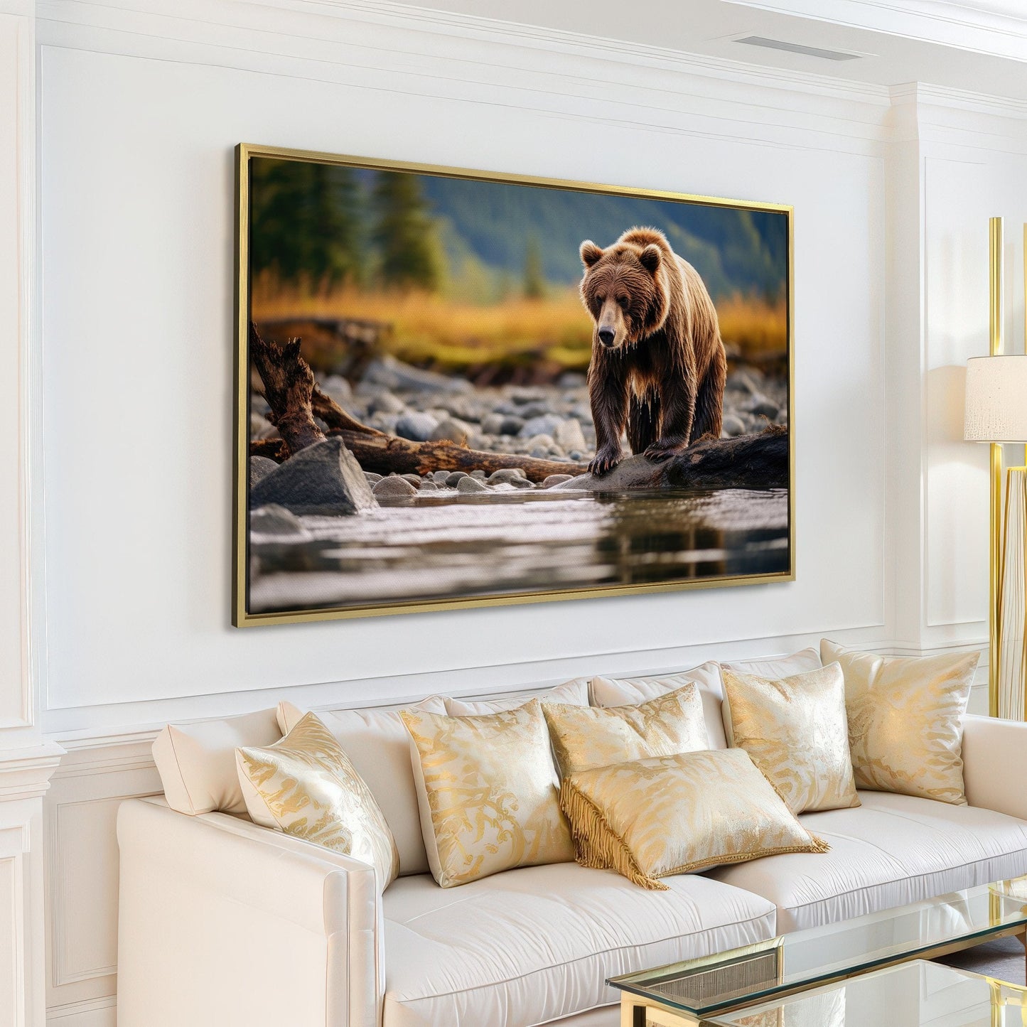 Brown Bear Hunting Fish Canvas Print Wall Art