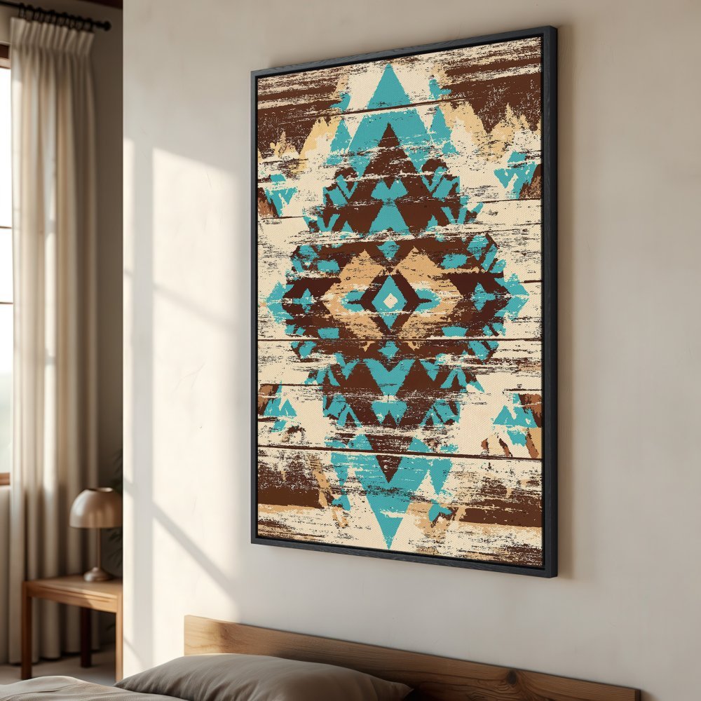 Framed Wall Art: Rustic geometric design in turquoise, brown, and cream. Perfect for adding a touch of bohemian style to your home decor.