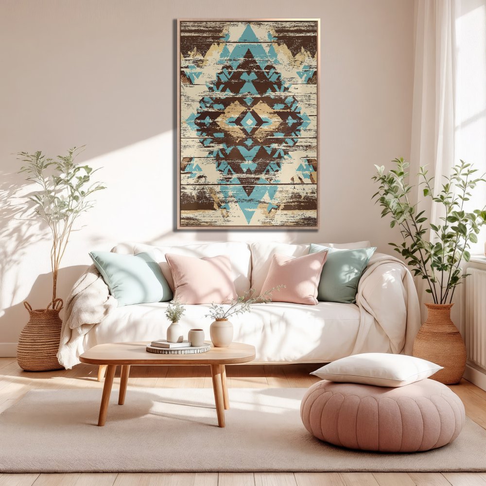 Framed Wall Art featuring a geometric tribal design in turquoise and brown. Perfect for adding a touch of boho style to your living room.