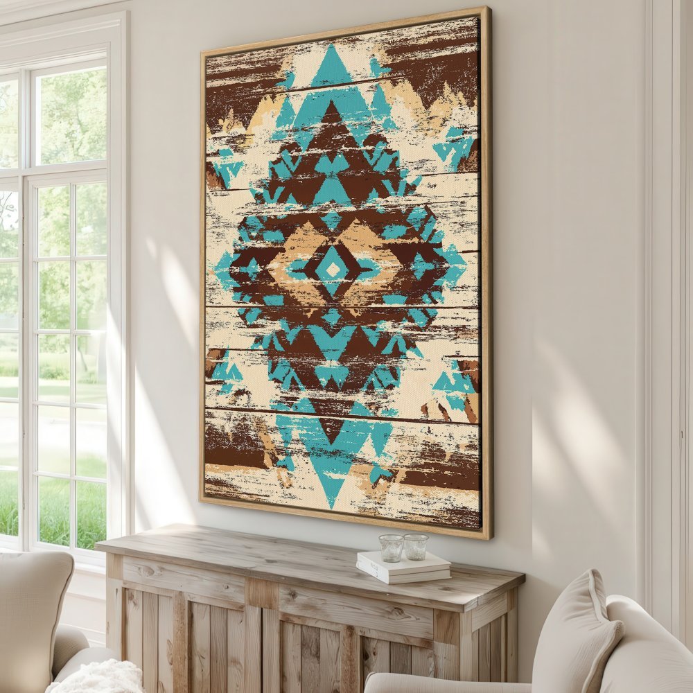 Framed Wall Art: Rustic tribal design Canvas Print in turquoise, brown, and cream. Perfect for adding a touch of boho style to your home decor.
