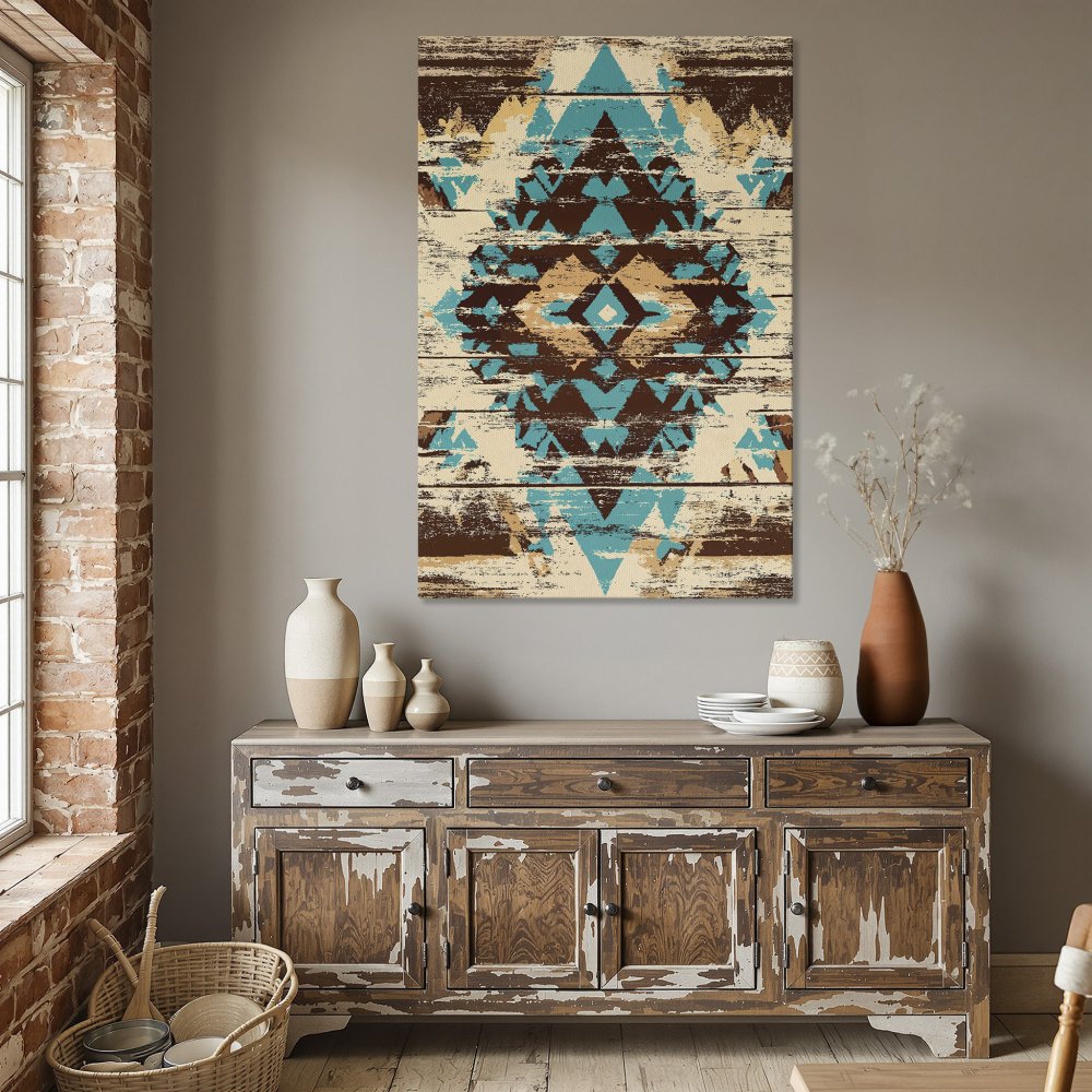 Framed Wall Art: Rustic turquoise and brown geometric design Canvas Print, perfect for adding a touch of boho style to your dining room.