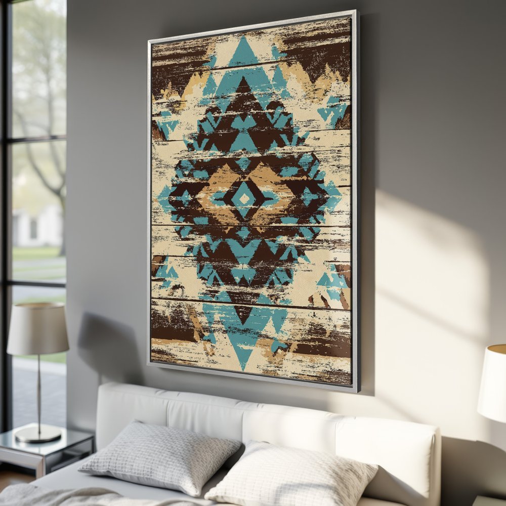 Framed Wall Art: Rustic Aztec design in teal, brown, and beige. Perfect for adding a touch of boho style to your bedroom decor. Shop now!