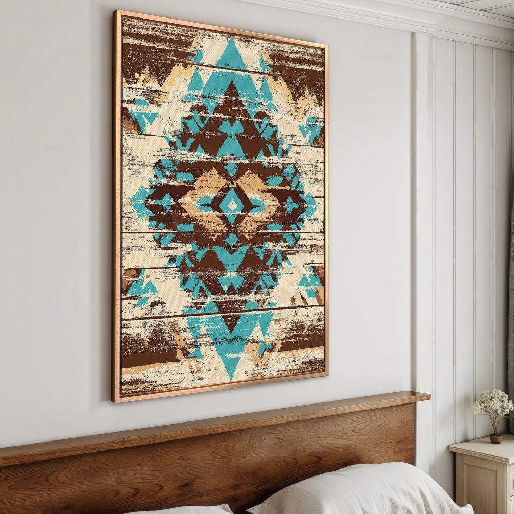 Framed Wall Art: Rustic geometric design in teal, brown, and beige. Perfect for adding a touch of boho style to your bedroom decor.
