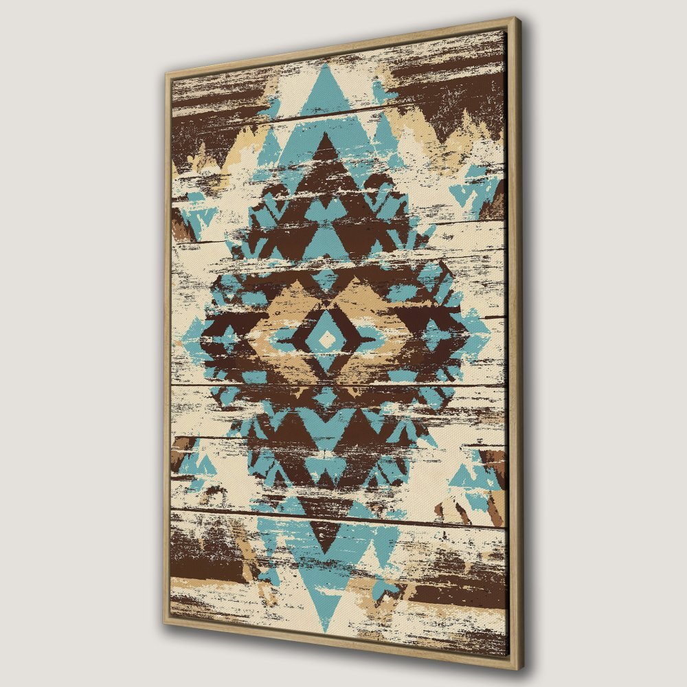 Framed Wall Art: Rustic geometric design in turquoise, brown, and beige. Perfect for adding a touch of boho style to your home decor.