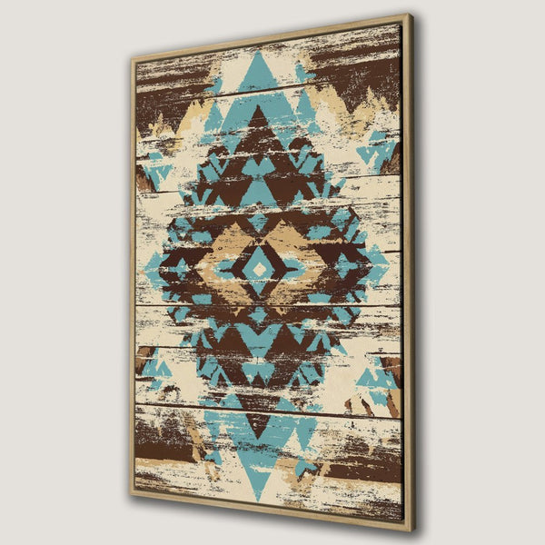 Framed Wall Art: Rustic geometric design in turquoise, brown, and beige. Perfect for adding a touch of boho style to your home decor.
