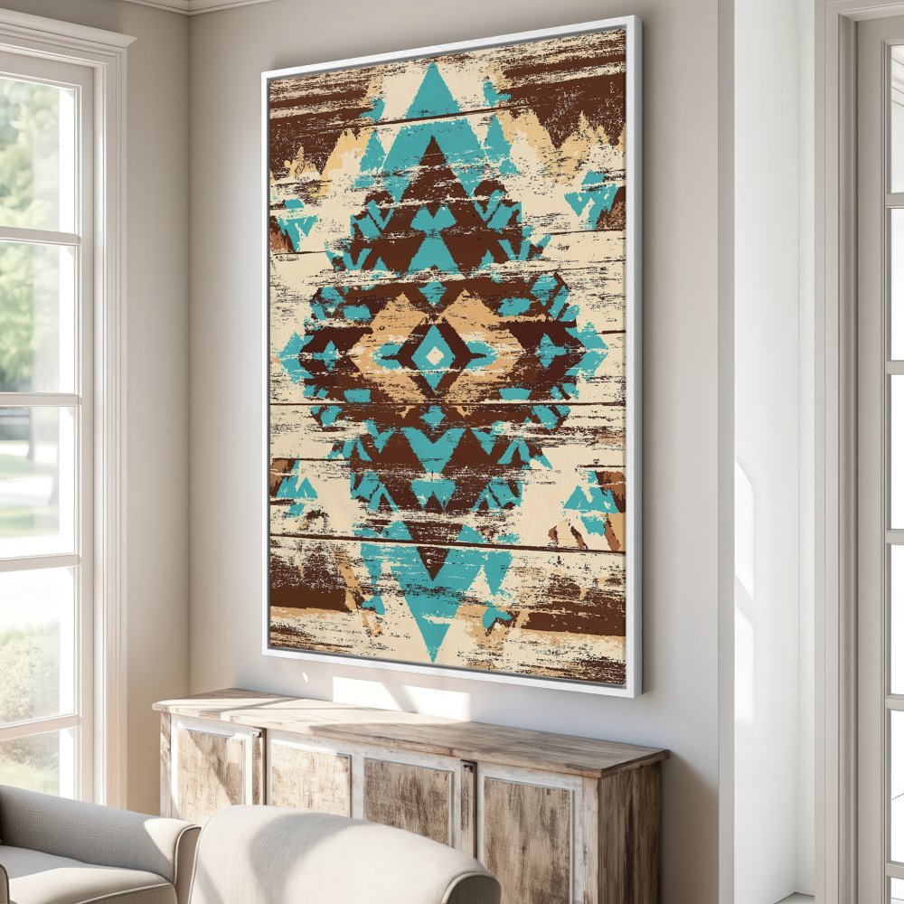 Framed Wall Art: Rustic Aztec design in turquoise and brown. Add a touch of boho style with this unique Canvas Print.