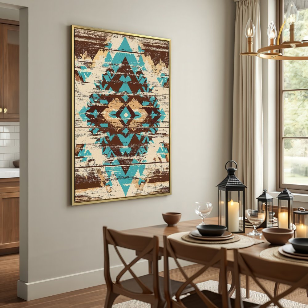 Canvas Print featuring an Aztec-inspired geometric design in brown, teal, and beige. Rustic style wall art for your home.
