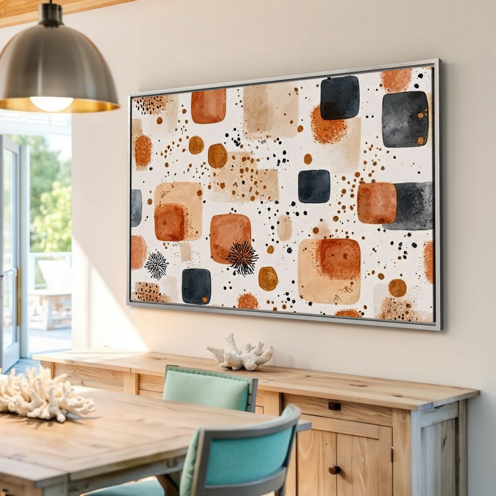 Framed Wall Art: Abstract geometric design in warm earth tones. Modern Canvas Print adds stylish art to any interior.