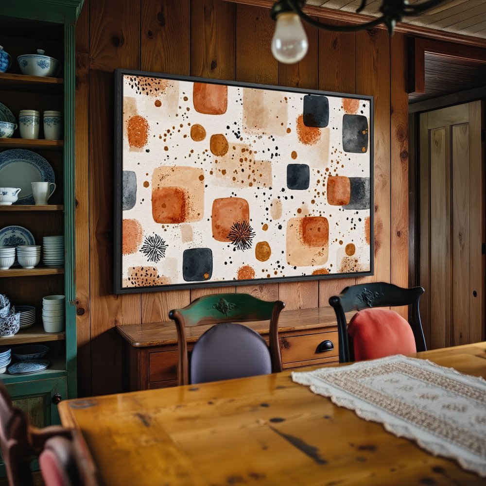Framed Wall Art: Abstract geometric pattern Canvas Print in warm earth tones. Perfect for adding a touch of modern style to your home decor.