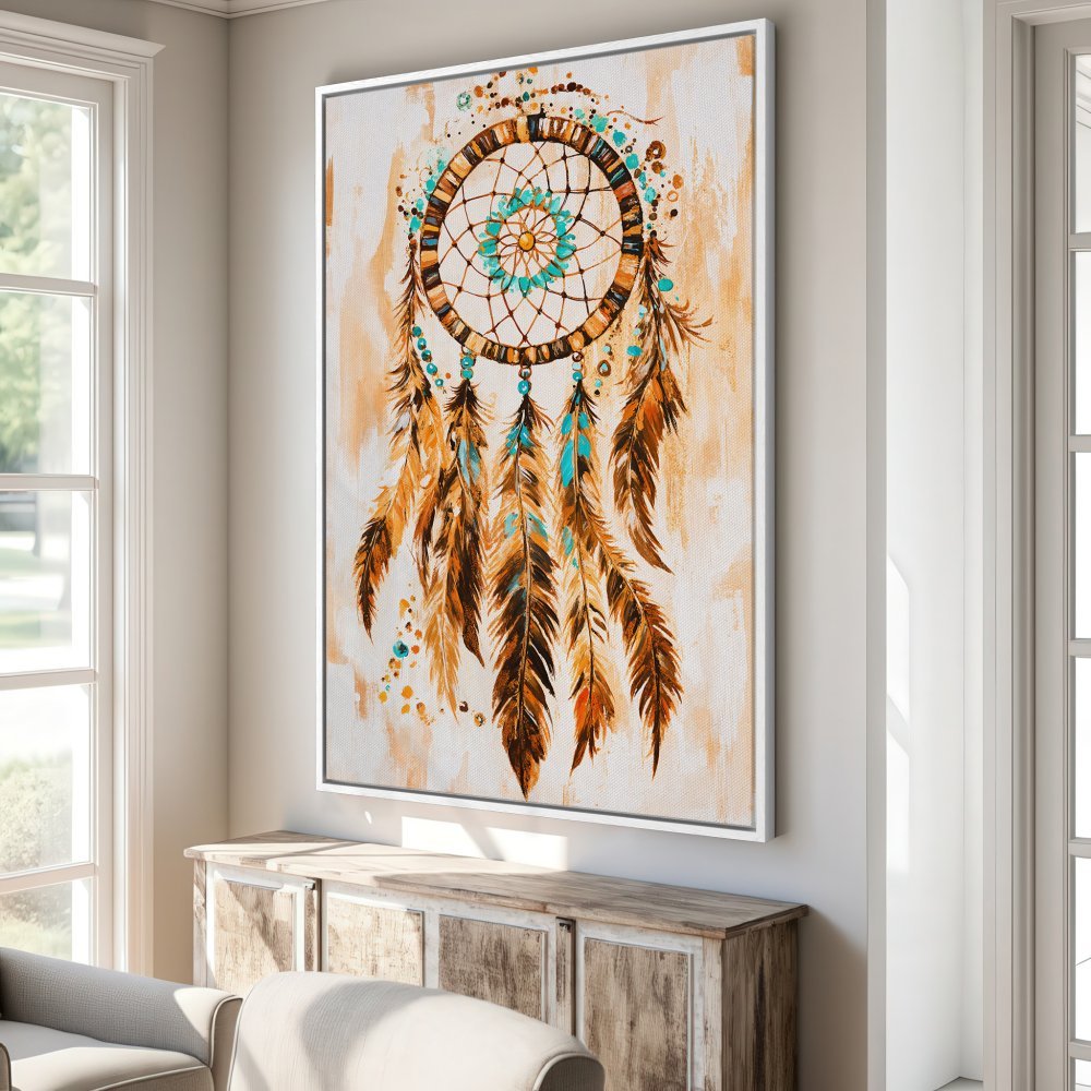 Framed Wall Art: Dreamcatcher Canvas Print in warm earth tones. Boho style decor with turquoise accents, perfect for living room or bedroom.