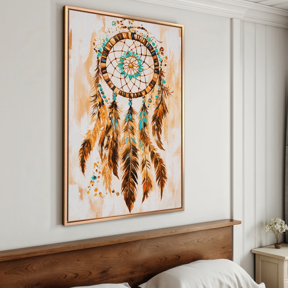 Framed Wall Art: Dreamcatcher canvas print in warm earthy tones. Bohemian style art with teal accents, perfect for bedroom decor.