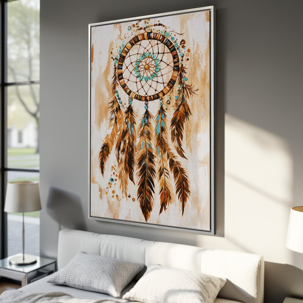Framed Wall Art: Dreamcatcher Canvas Print in warm earth tones. Bohemian style art with brown, turquoise, and beige color palette. Perfect bedroom decor.