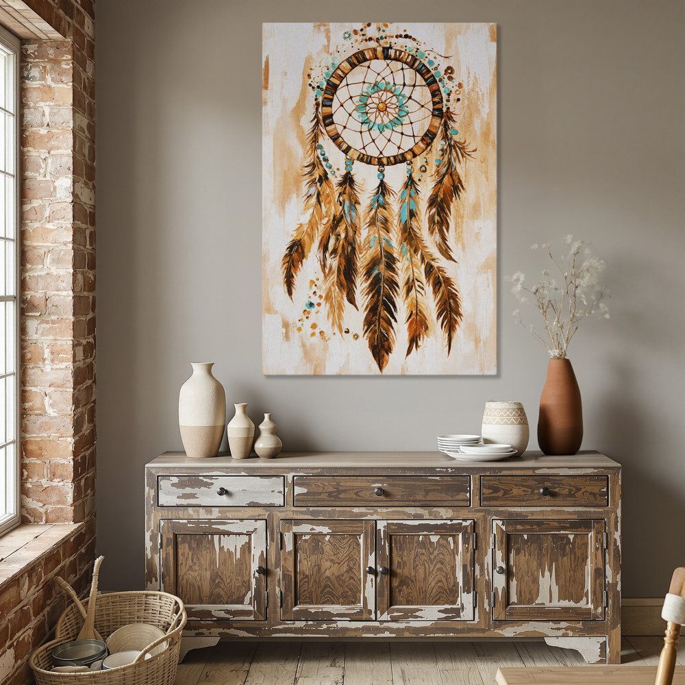 Framed Wall Art: Dreamcatcher Canvas Print in boho style, featuring warm orange, brown, and turquoise tones. Perfect for adding a touch of art to your dining room.