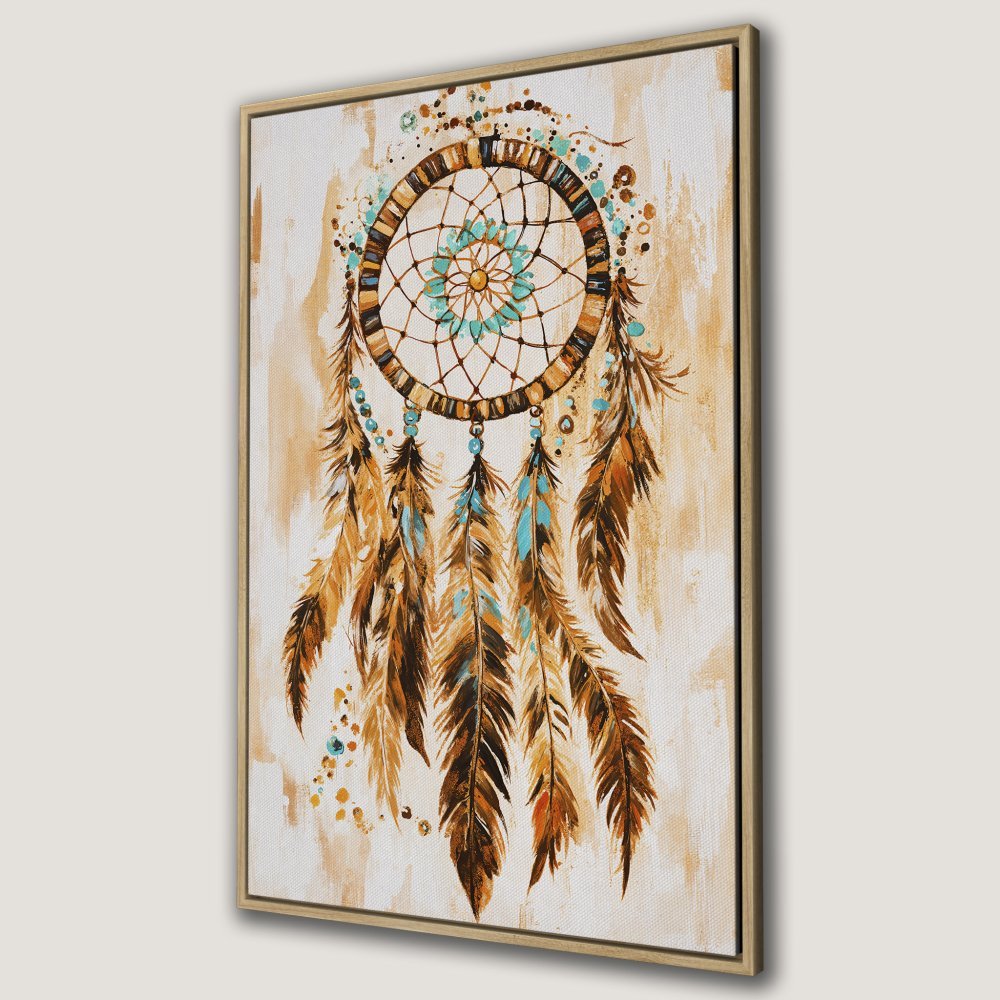 Framed Wall Art: Dreamcatcher Canvas Print in earthy tones. Boho style art with brown, turquoise, and beige color palette. Perfect for adding a touch of serenity.