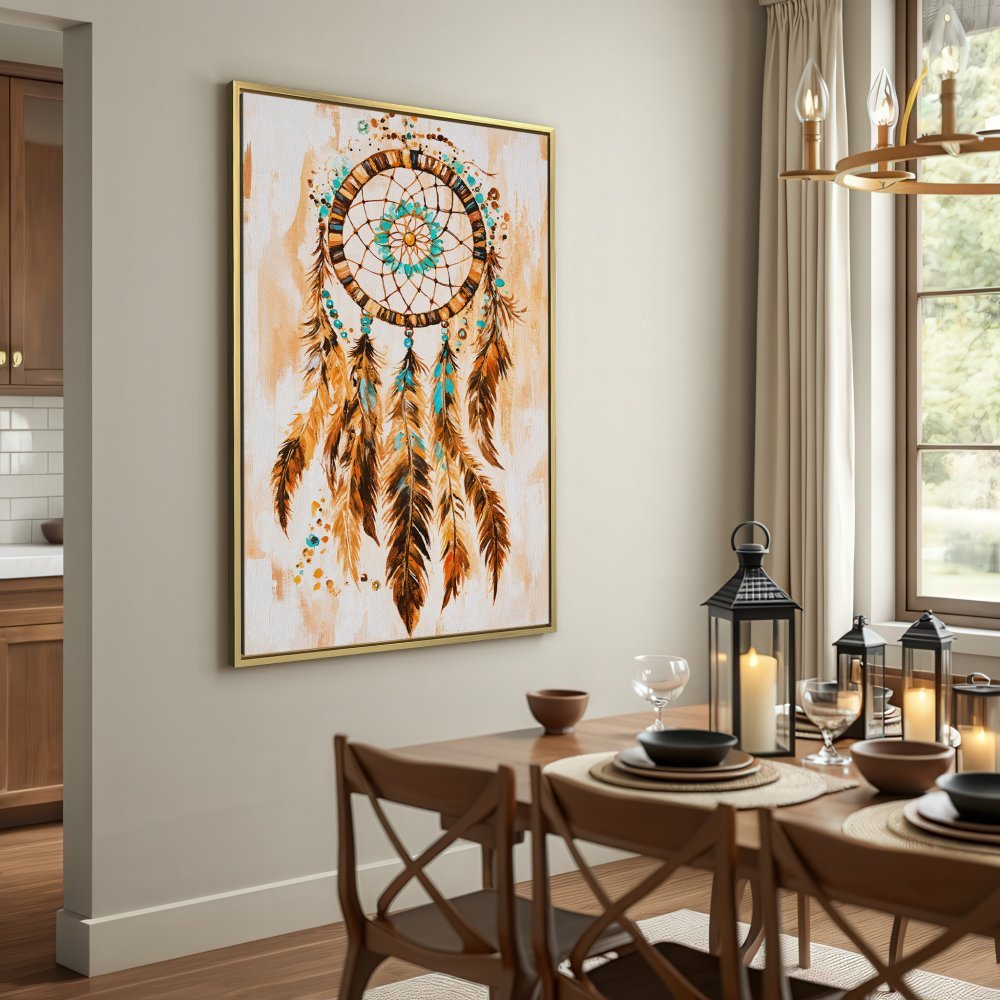 Canvas Print featuring a bohemian dreamcatcher in warm earth tones. Perfect wall art for a cozy, stylish interior.