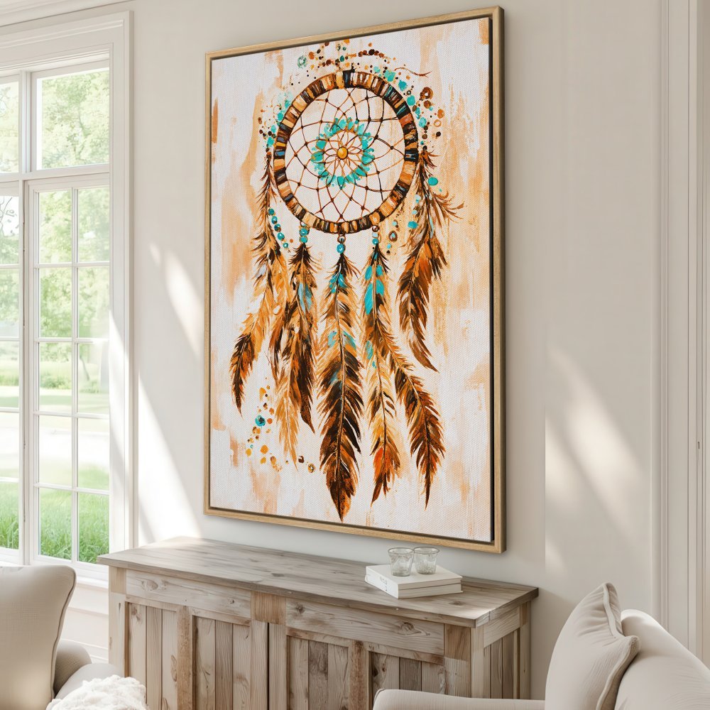 Framed Wall Art: Dreamcatcher painting in warm earth tones and turquoise. Boho style Canvas Print, perfect for living room decor.