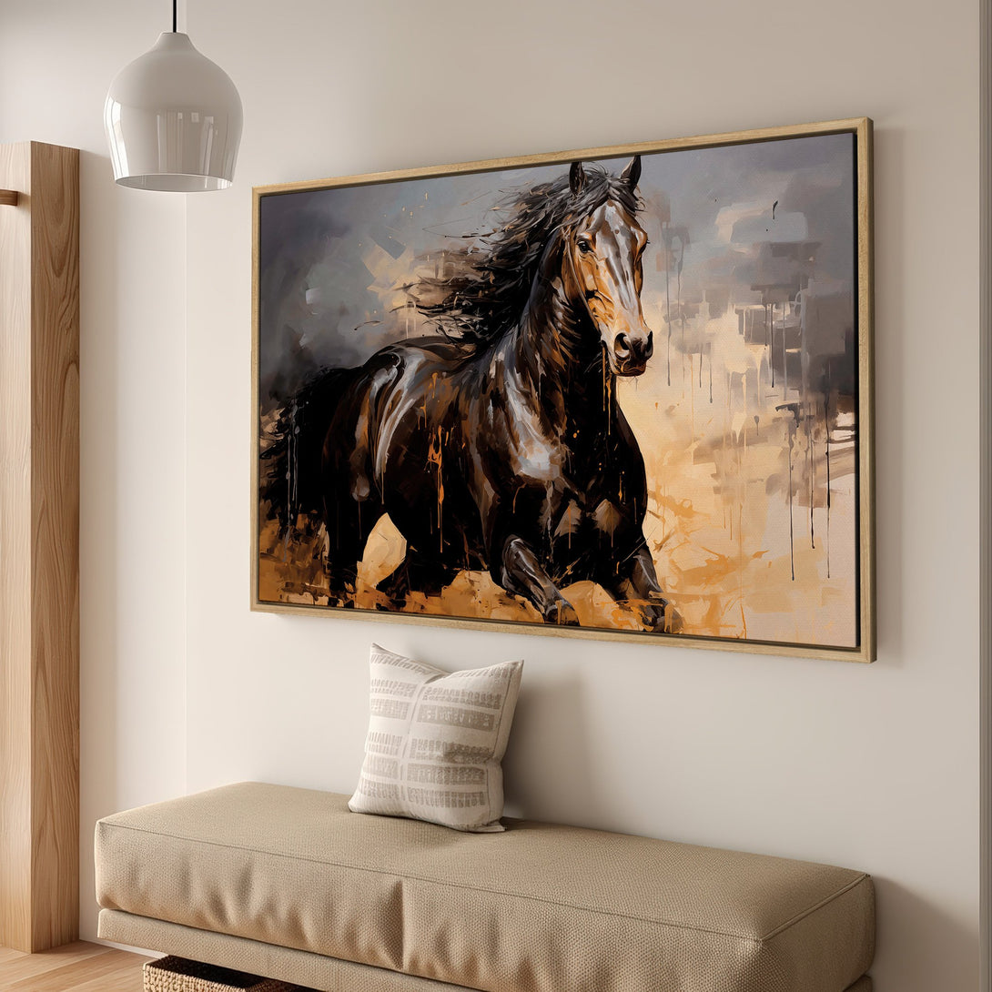 Framed Wall Art: Abstract horse painting in neutral tones. Modern canvas print with black, gold, and gray color palette. Perfect wall decor for any room.