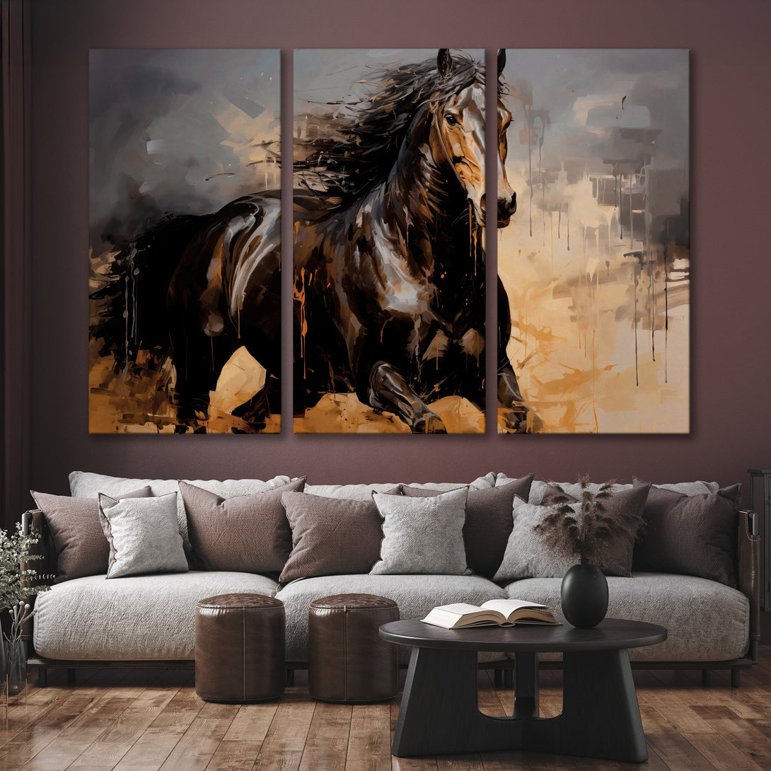 Canvas Print of a majestic black horse in an abstract painting style, featuring a warm, earthy color palette. Perfect wall art!