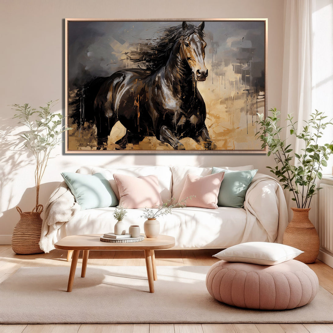 Framed Wall Art: Abstract horse painting in neutral tones. Modern art decor for living room. Warm beige and black color palette.