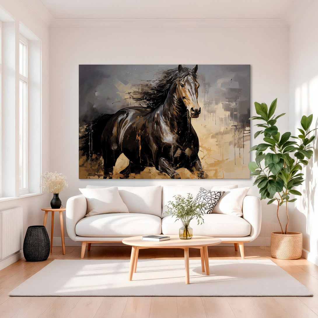 Framed Wall Art: Abstract horse painting with a gold frame. Features a dark, moody color palette with black, brown, and gold tones. Perfect for any home decor.