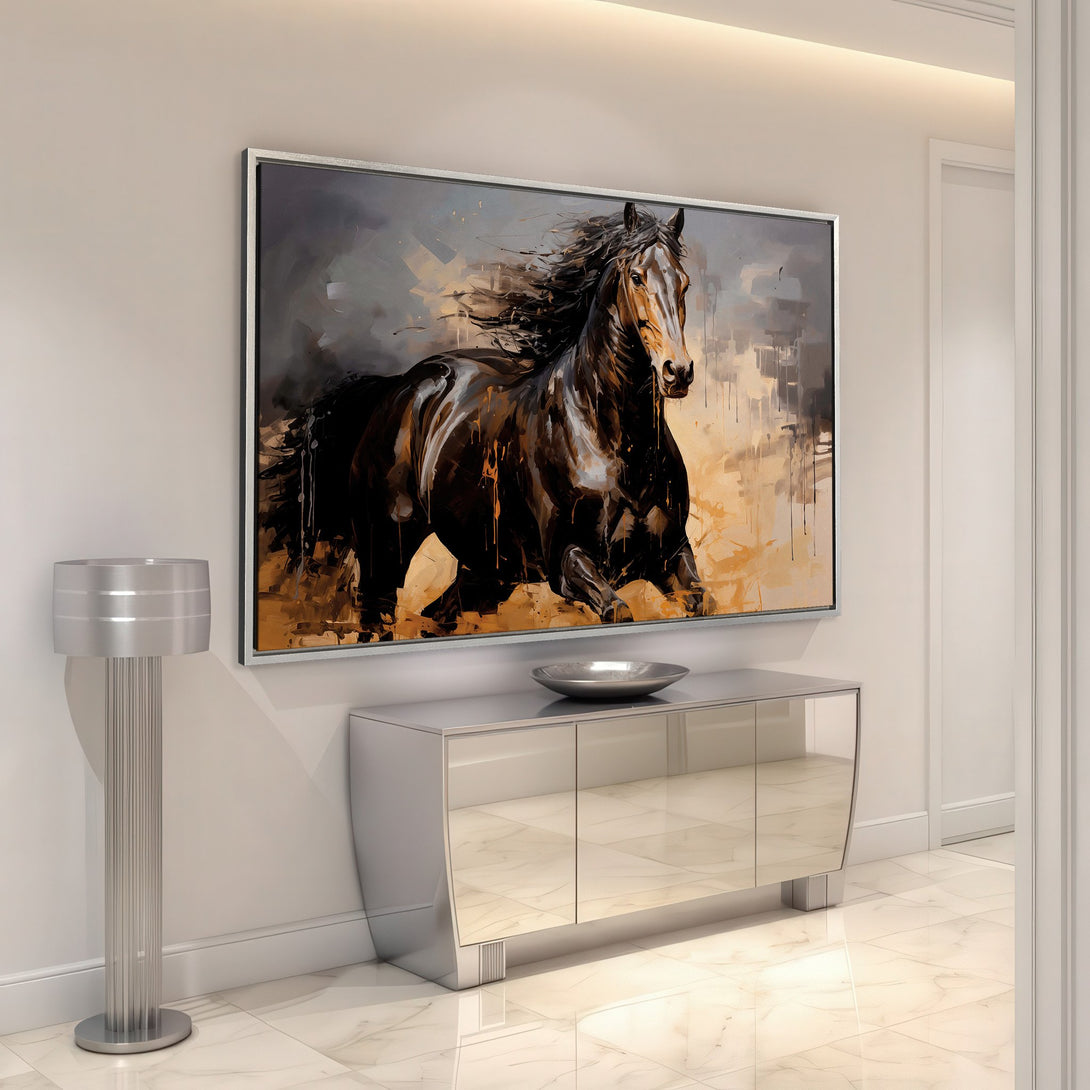 Framed Wall Art: Abstract painting of a running black horse. Dramatic, modern style with a warm, earthy color palette. Perfect for home decor.