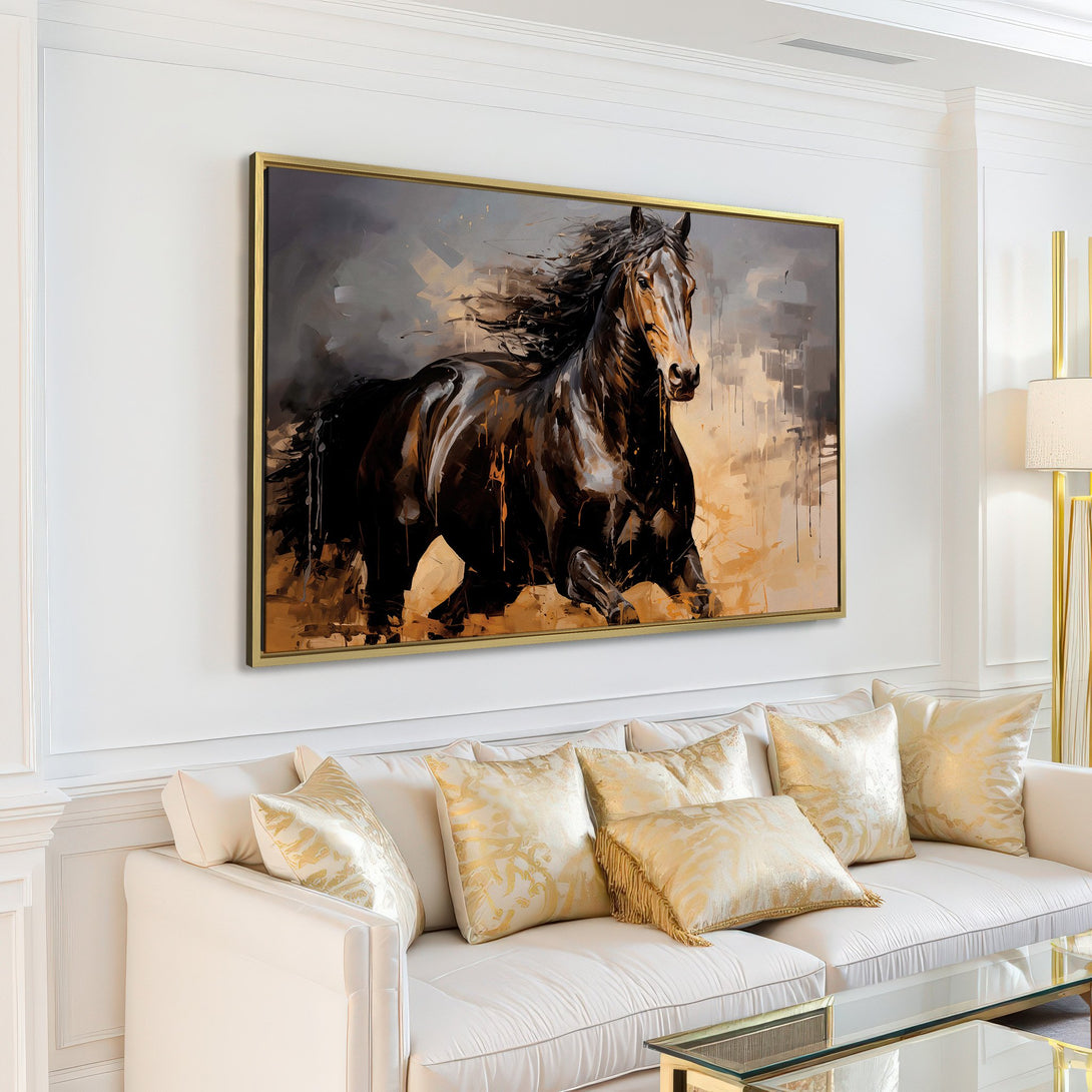 Canvas Print of a running horse in an abstract style. Dramatic black, brown, and gold color palette. Perfect wall art for any space.